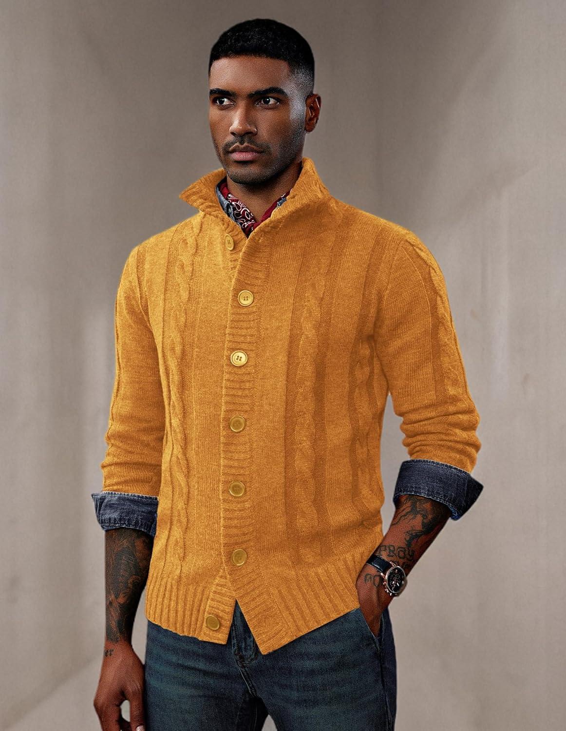 imagePJ PAUL JONES Mens Cable Knit Cardigan Sweaters Casual Stand Collar Slim Fit Long Sleeve Button Down SweatersYellow