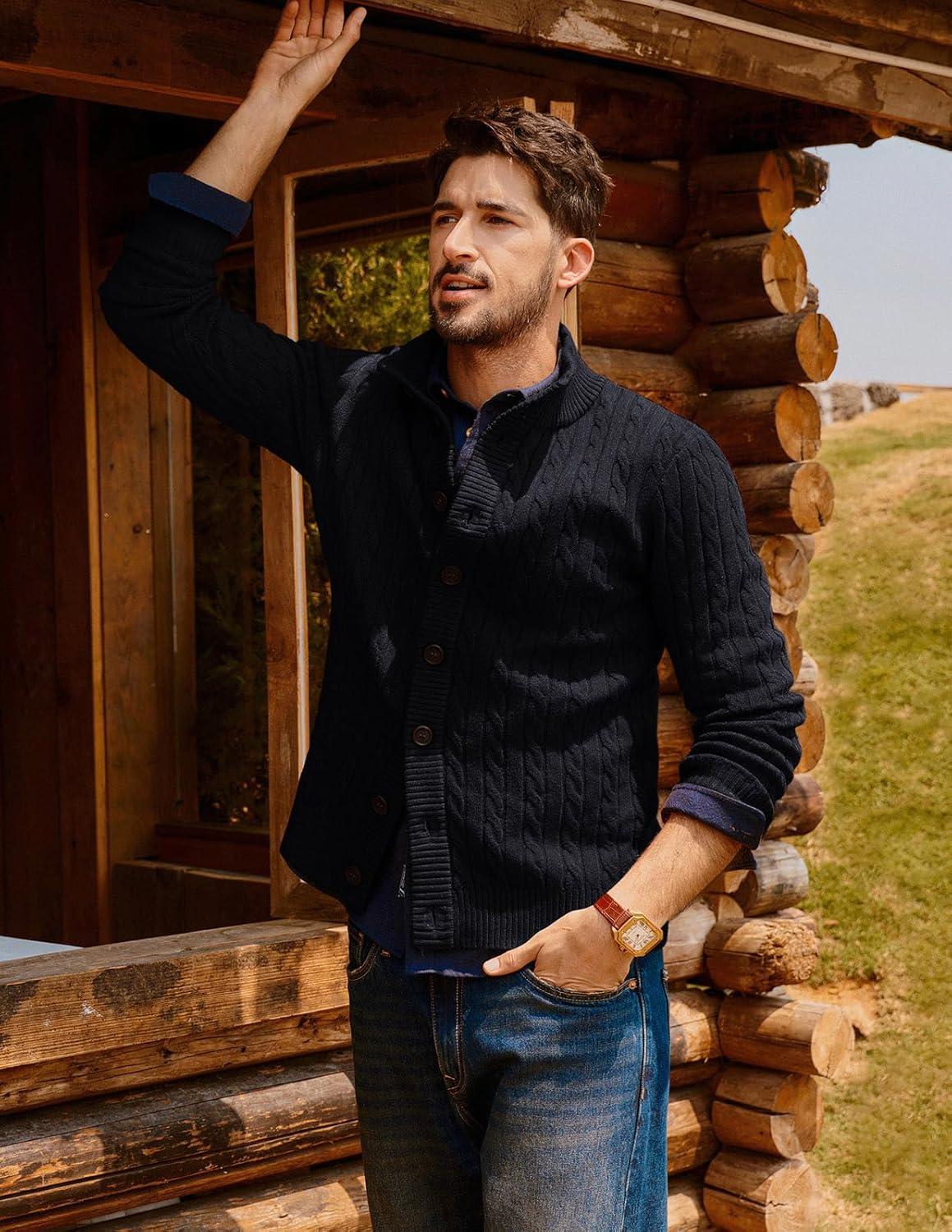 imagePJ PAUL JONES Mens Cardigan Sweater Button Up Stand Collar Sweater Knit Textured SweatersBlack