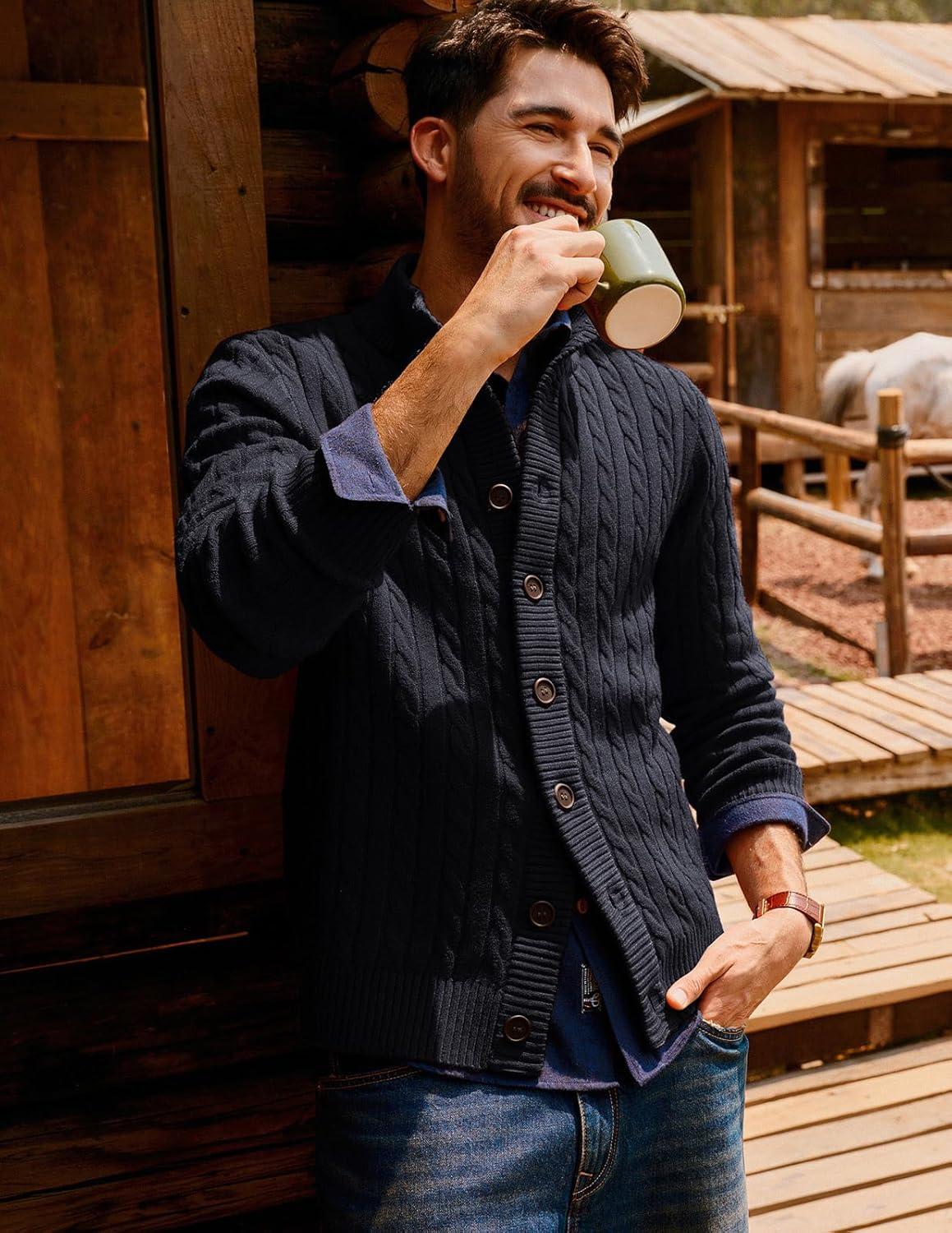 imagePJ PAUL JONES Mens Cardigan Sweater Button Up Stand Collar Sweater Knit Textured SweatersBlack