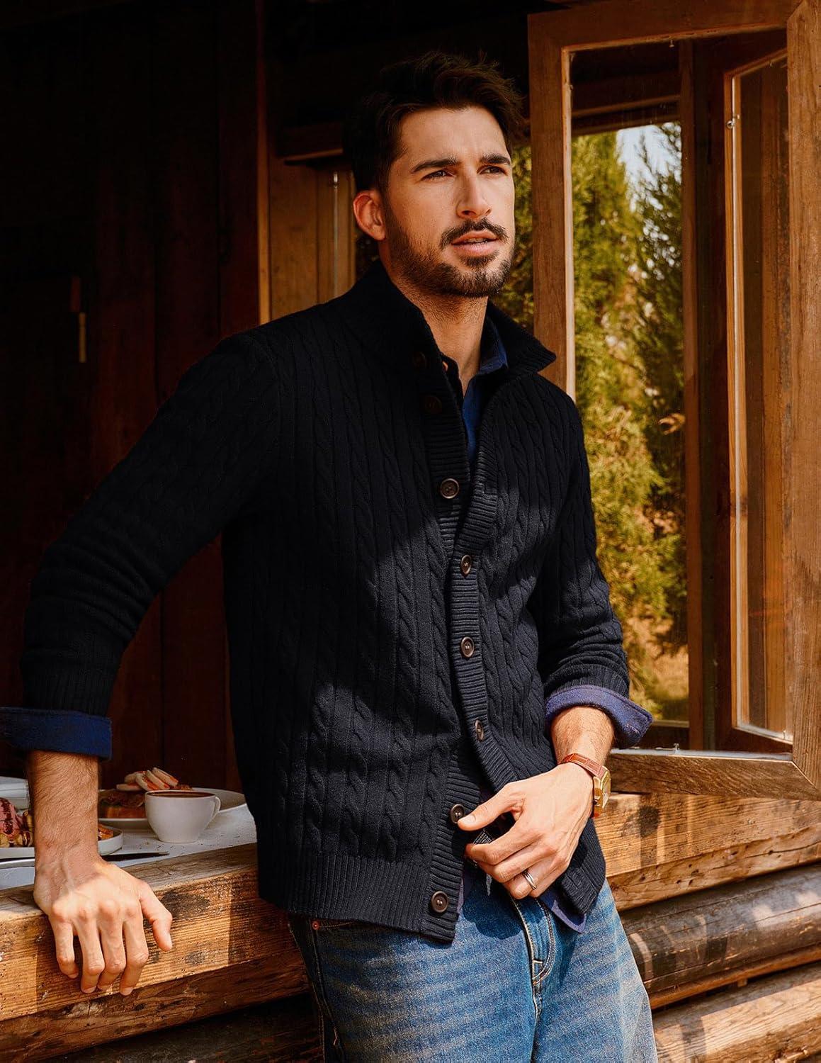 imagePJ PAUL JONES Mens Cardigan Sweater Button Up Stand Collar Sweater Knit Textured SweatersBlack