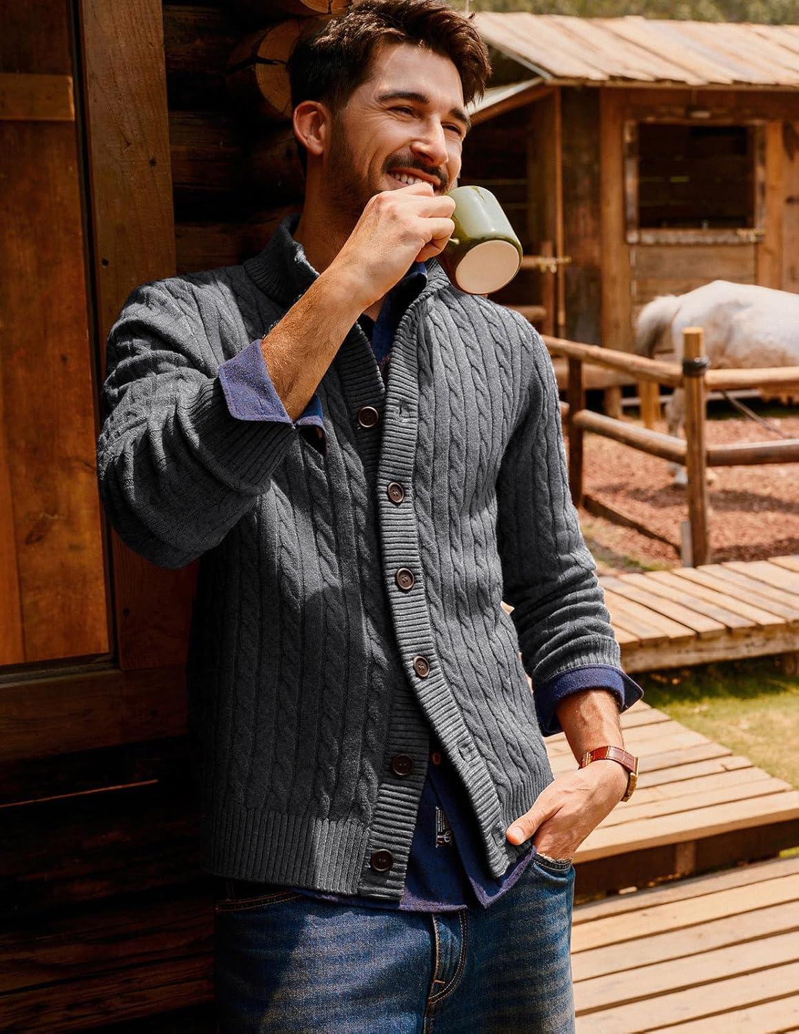 imagePJ PAUL JONES Mens Cardigan Sweater Button Up Stand Collar Sweater Knit Textured SweatersDark Grey