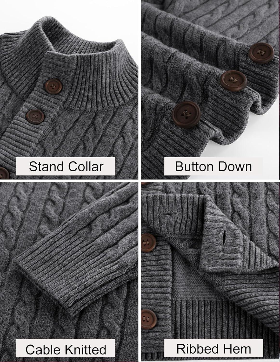 imagePJ PAUL JONES Mens Cardigan Sweater Button Up Stand Collar Sweater Knit Textured SweatersDark Grey
