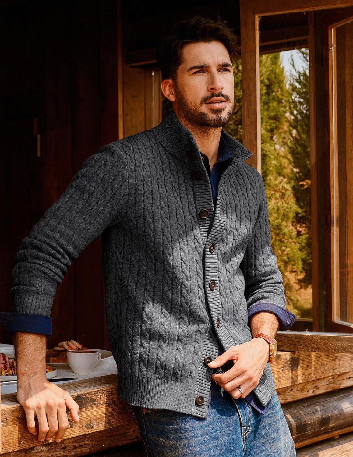 imagePJ PAUL JONES Mens Cardigan Sweater Button Up Stand Collar Sweater Knit Textured SweatersDark Grey