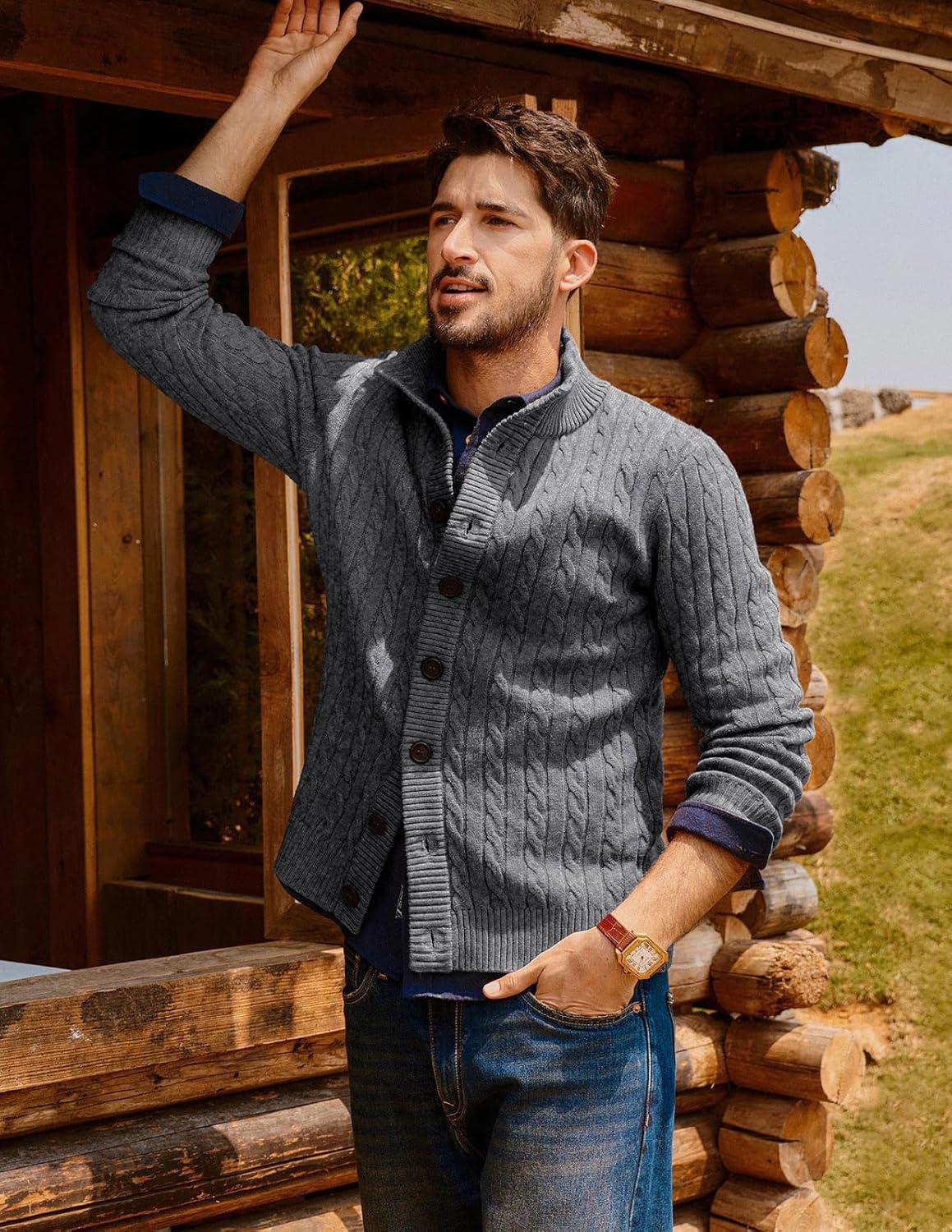 imagePJ PAUL JONES Mens Cardigan Sweater Button Up Stand Collar Sweater Knit Textured SweatersDark Grey