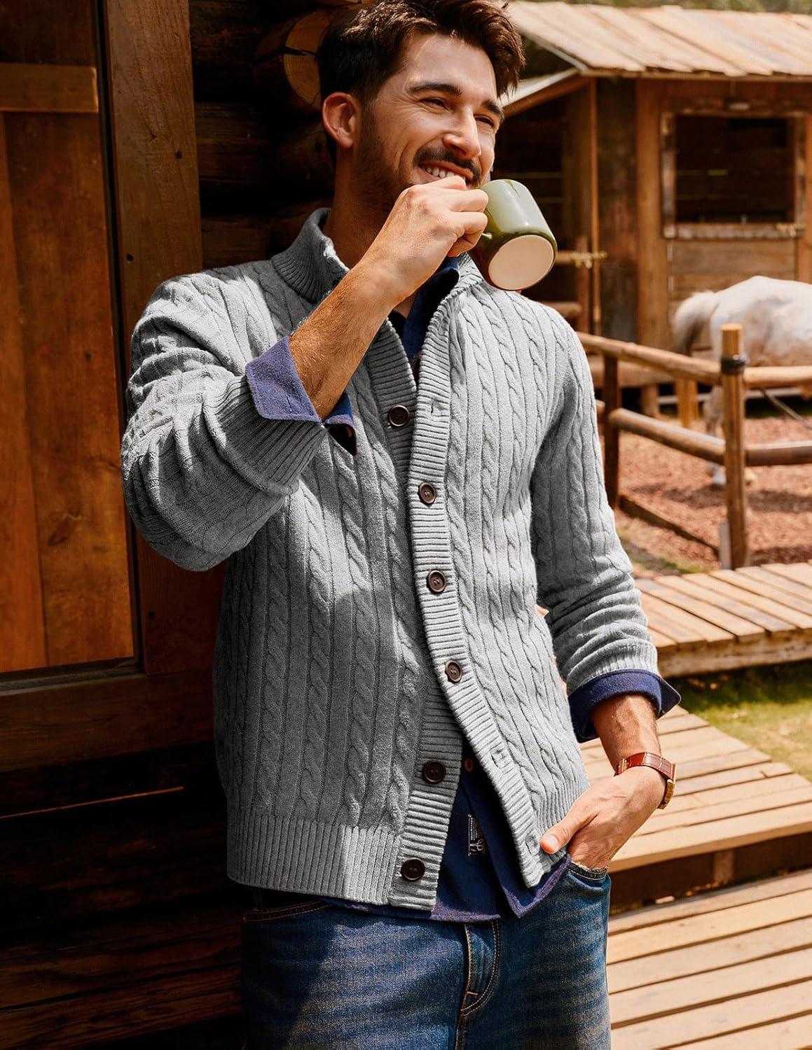 imagePJ PAUL JONES Mens Cardigan Sweater Button Up Stand Collar Sweater Knit Textured SweatersLight Grey