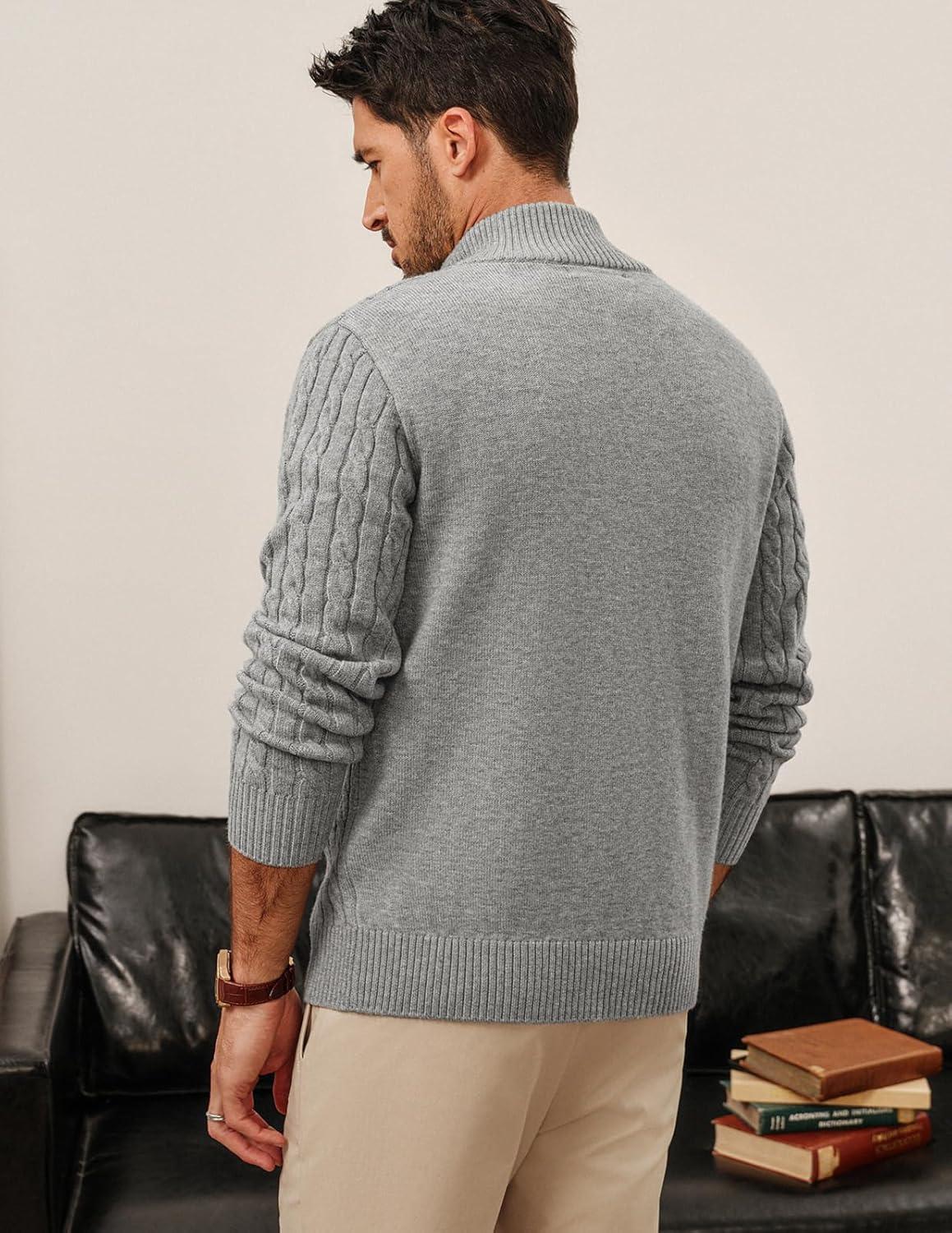 imagePJ PAUL JONES Mens Cardigan Sweater Button Up Stand Collar Sweater Knit Textured SweatersLight Grey