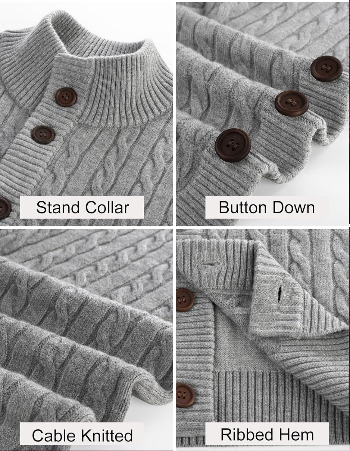 imagePJ PAUL JONES Mens Cardigan Sweater Button Up Stand Collar Sweater Knit Textured SweatersLight Grey