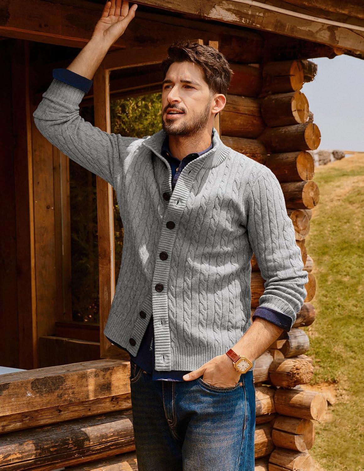 imagePJ PAUL JONES Mens Cardigan Sweater Button Up Stand Collar Sweater Knit Textured SweatersLight Grey