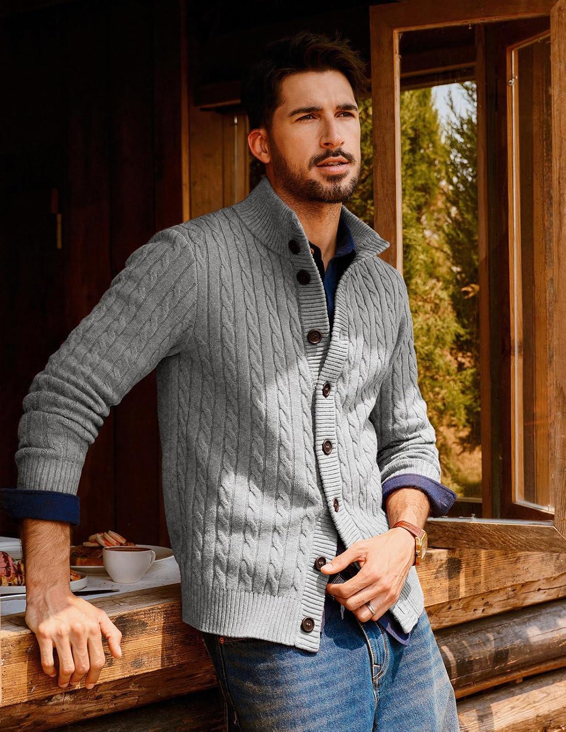 imagePJ PAUL JONES Mens Cardigan Sweater Button Up Stand Collar Sweater Knit Textured SweatersLight Grey