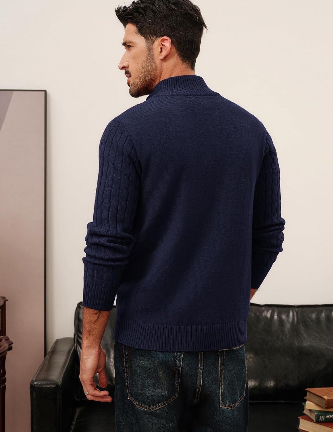 imagePJ PAUL JONES Mens Cardigan Sweater Button Up Stand Collar Sweater Knit Textured SweatersNavy Blue