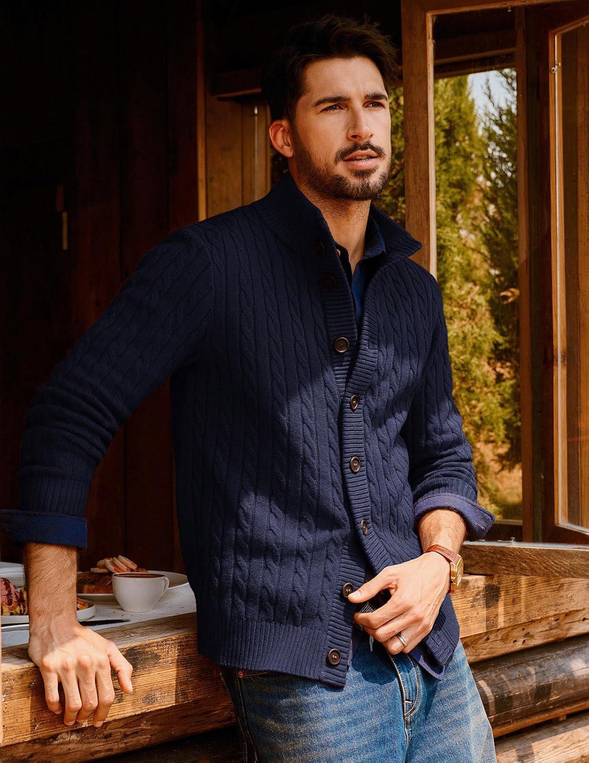 imagePJ PAUL JONES Mens Cardigan Sweater Button Up Stand Collar Sweater Knit Textured SweatersNavy Blue