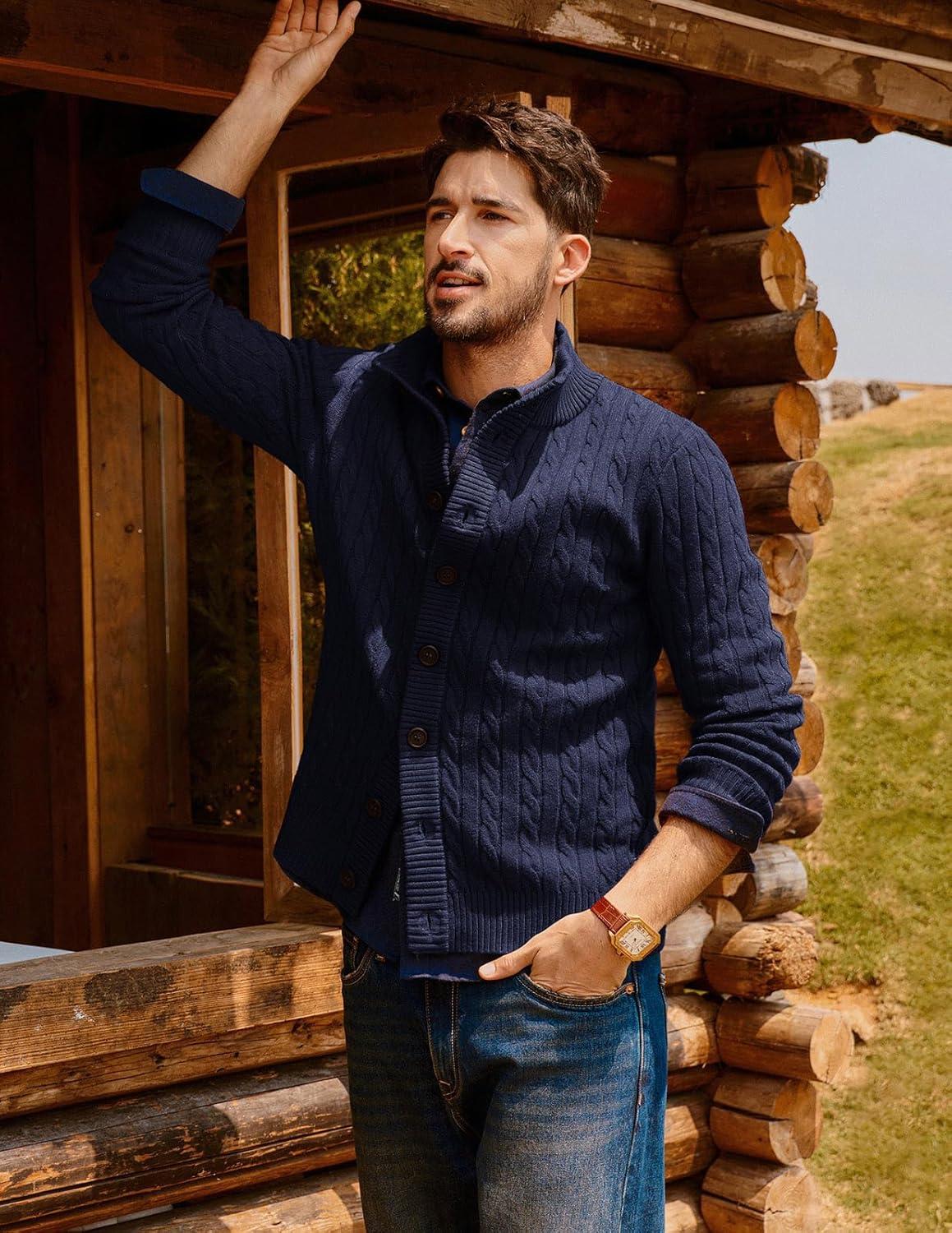 imagePJ PAUL JONES Mens Cardigan Sweater Button Up Stand Collar Sweater Knit Textured SweatersNavy Blue