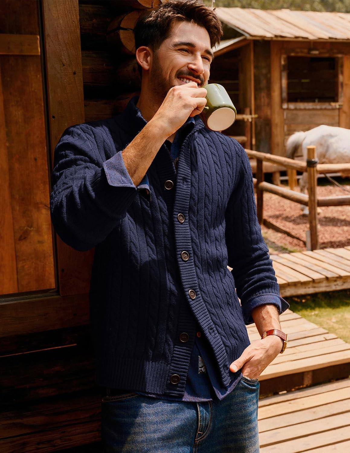 imagePJ PAUL JONES Mens Cardigan Sweater Button Up Stand Collar Sweater Knit Textured SweatersNavy Blue