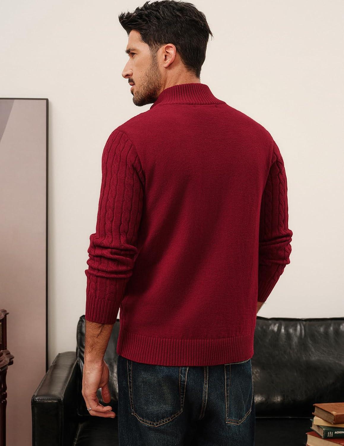 imagePJ PAUL JONES Mens Cardigan Sweater Button Up Stand Collar Sweater Knit Textured SweatersWine Red
