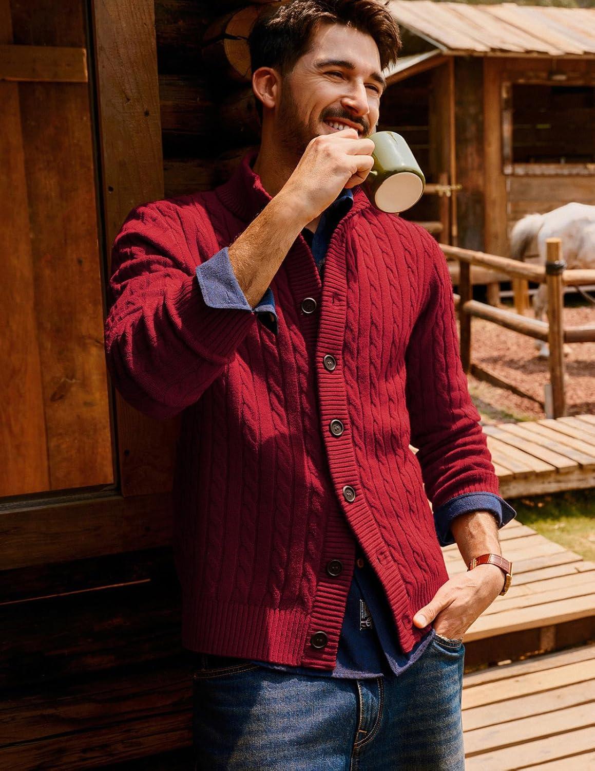 imagePJ PAUL JONES Mens Cardigan Sweater Button Up Stand Collar Sweater Knit Textured SweatersWine Red