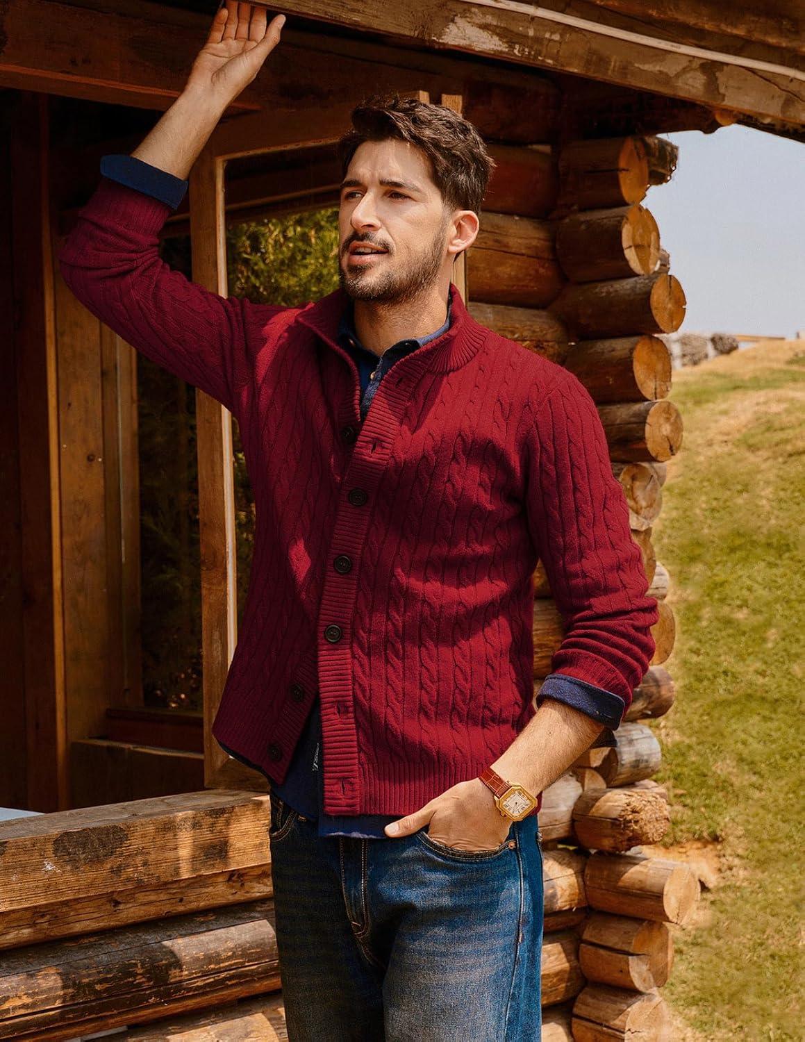 imagePJ PAUL JONES Mens Cardigan Sweater Button Up Stand Collar Sweater Knit Textured SweatersWine Red