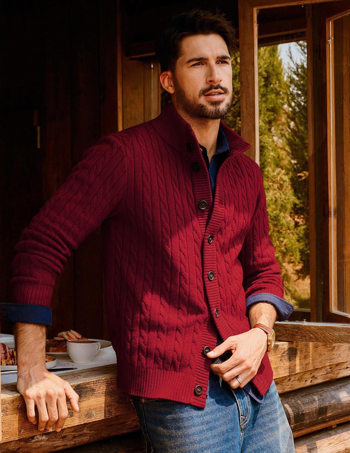 imagePJ PAUL JONES Mens Cardigan Sweater Button Up Stand Collar Sweater Knit Textured SweatersWine Red