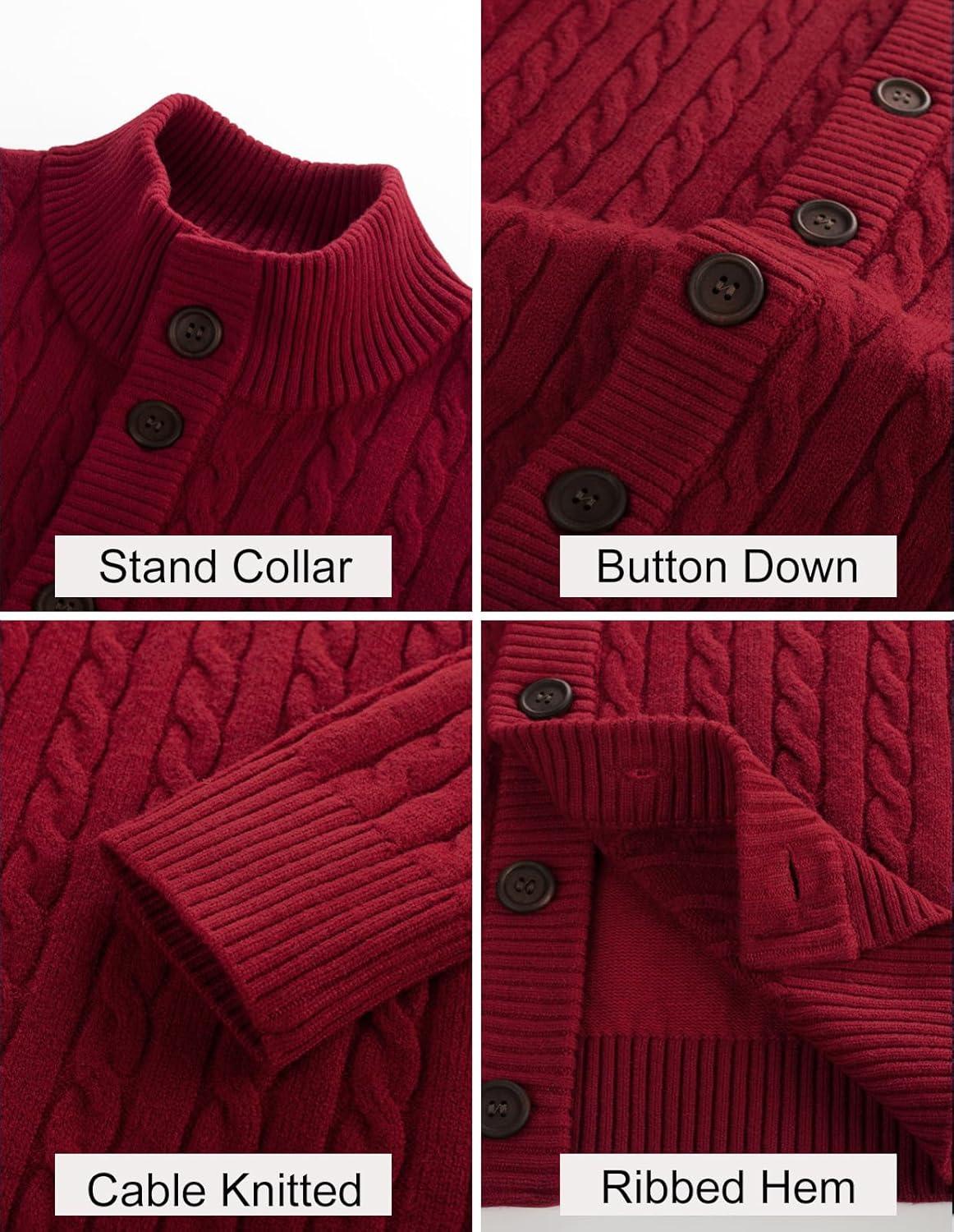 imagePJ PAUL JONES Mens Cardigan Sweater Button Up Stand Collar Sweater Knit Textured SweatersWine Red