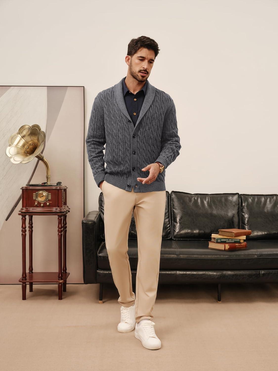 imagePJ PAUL JONES Mens Cardigan Sweater Cable Knit Sweaters Shawl Collar Texture Solid CardigansDark Grey