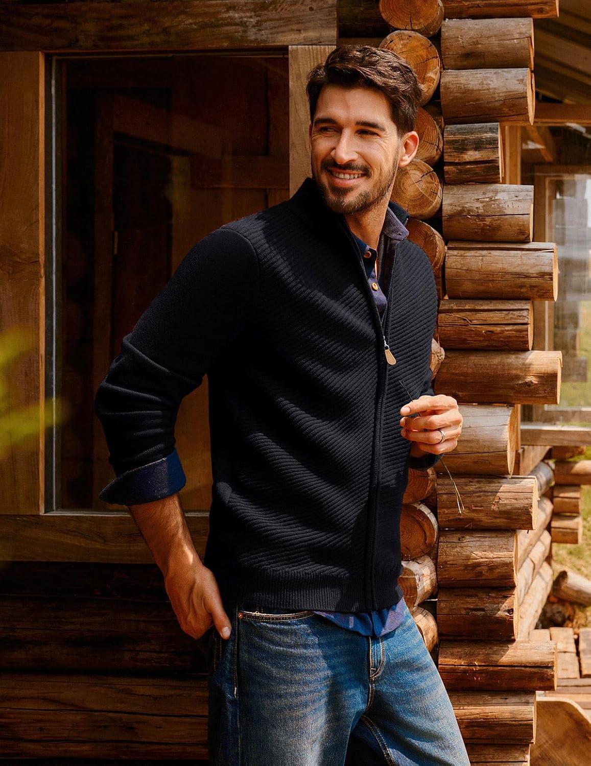 imagePJ PAUL JONES Mens Cardigan Sweater Full Zip Up Stand Collar Cardigans Fall Casual Knit SweatersBlack