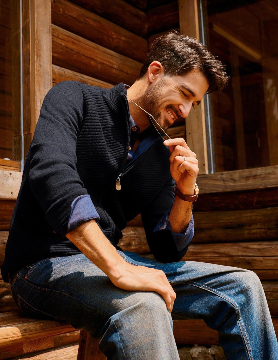 imagePJ PAUL JONES Mens Cardigan Sweater Full Zip Up Stand Collar Cardigans Fall Casual Knit SweatersBlack