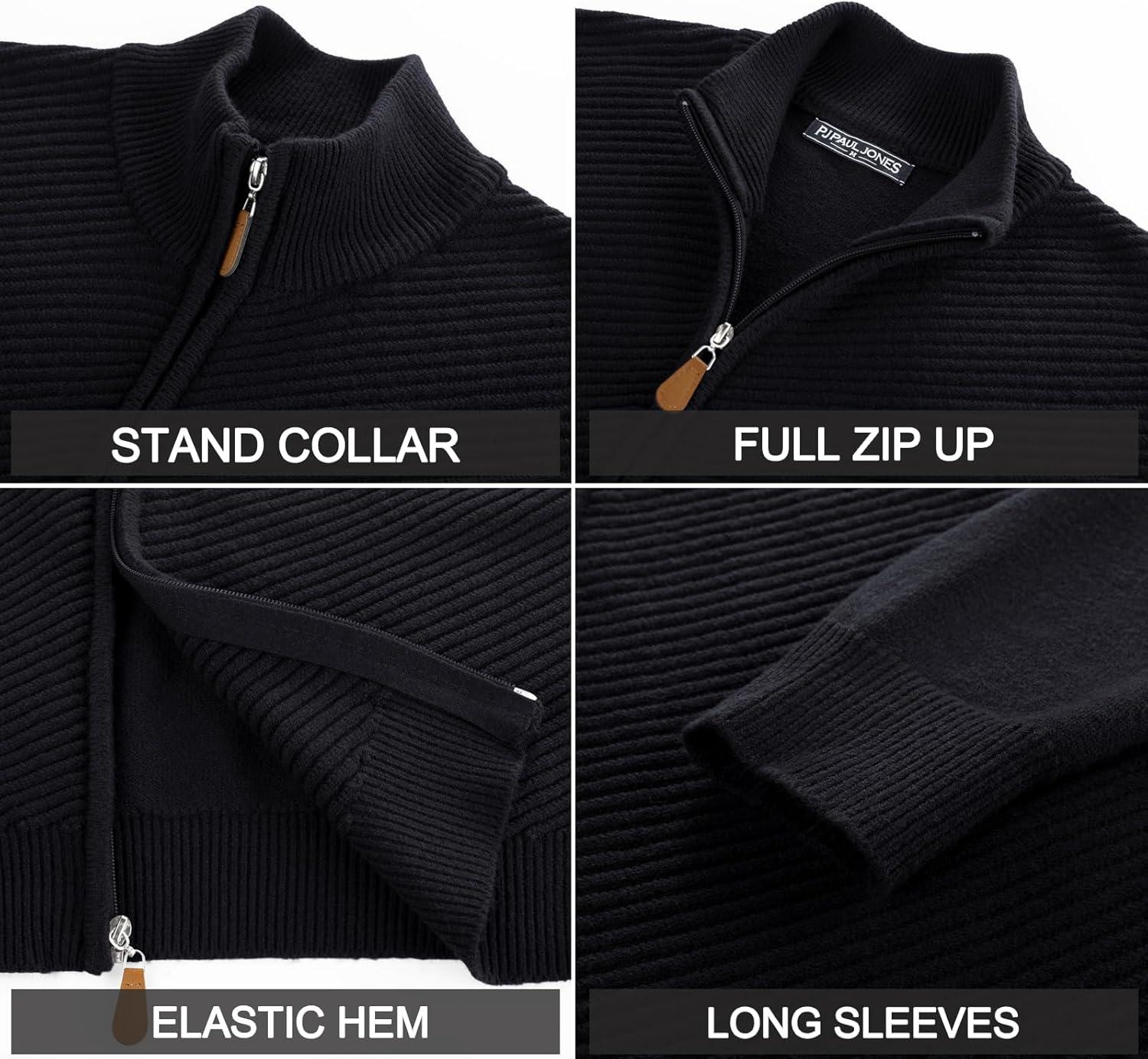 imagePJ PAUL JONES Mens Cardigan Sweater Full Zip Up Stand Collar Cardigans Fall Casual Knit SweatersBlack