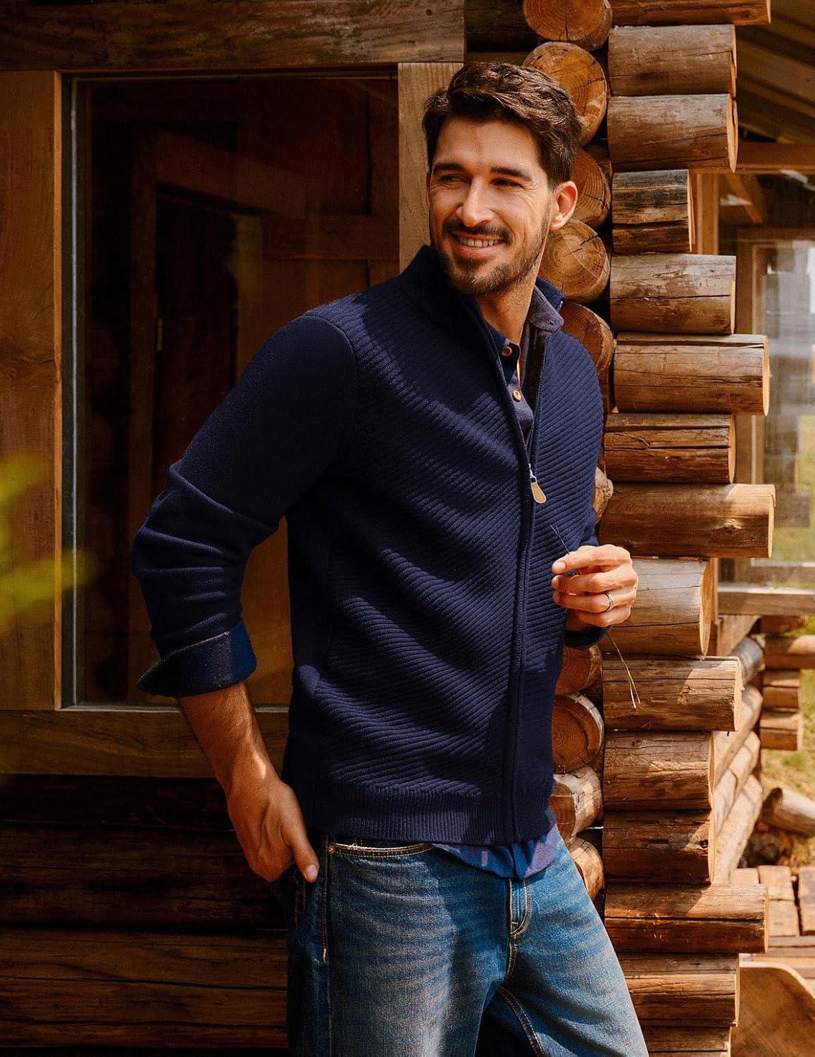 imagePJ PAUL JONES Mens Cardigan Sweater Full Zip Up Stand Collar Cardigans Fall Casual Knit SweatersNavy Blue