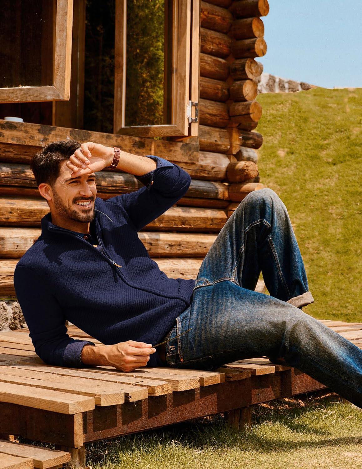 imagePJ PAUL JONES Mens Cardigan Sweater Full Zip Up Stand Collar Cardigans Fall Casual Knit SweatersNavy Blue