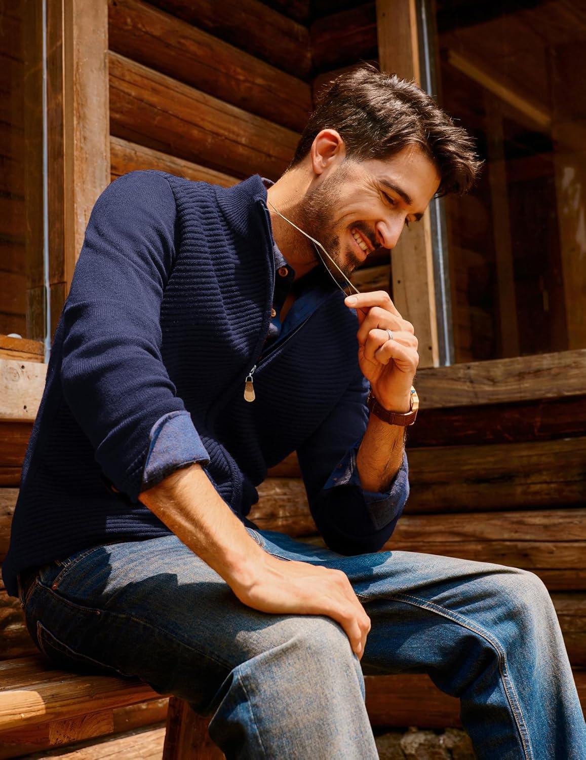 imagePJ PAUL JONES Mens Cardigan Sweater Full Zip Up Stand Collar Cardigans Fall Casual Knit SweatersNavy Blue