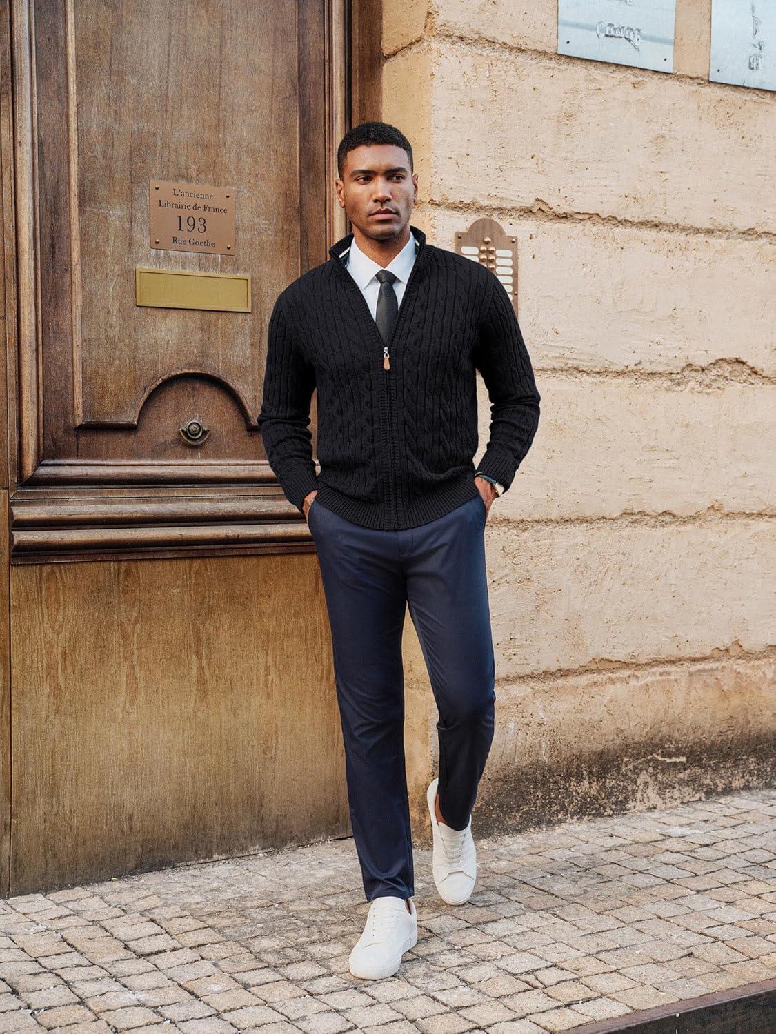 imagePJ PAUL JONES Mens Cardigan Sweater Full Zip Up Stand Collar Cardigans Long Sleeve Knitted SweatersBlack