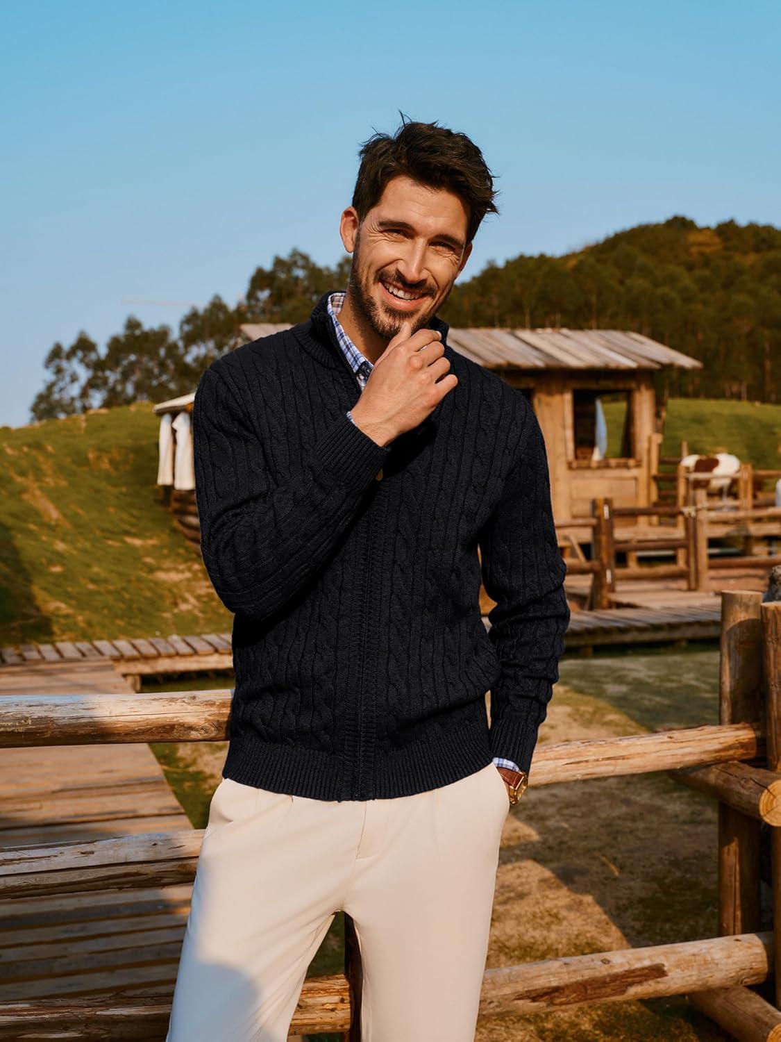 imagePJ PAUL JONES Mens Cardigan Sweater Full Zip Up Stand Collar Cardigans Long Sleeve Knitted SweatersBlack