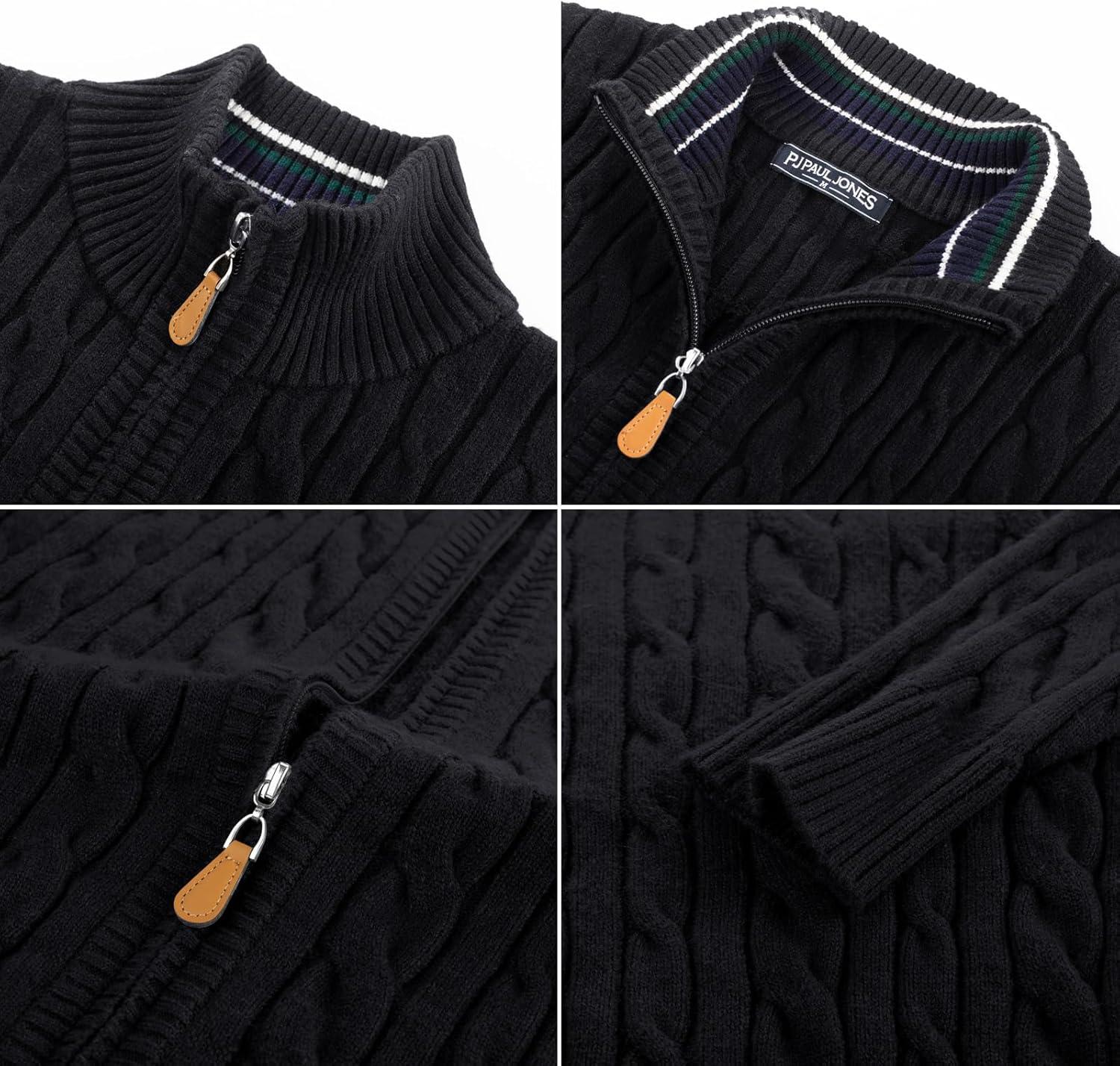 imagePJ PAUL JONES Mens Cardigan Sweater Full Zip Up Stand Collar Cardigans Long Sleeve Knitted SweatersBlack