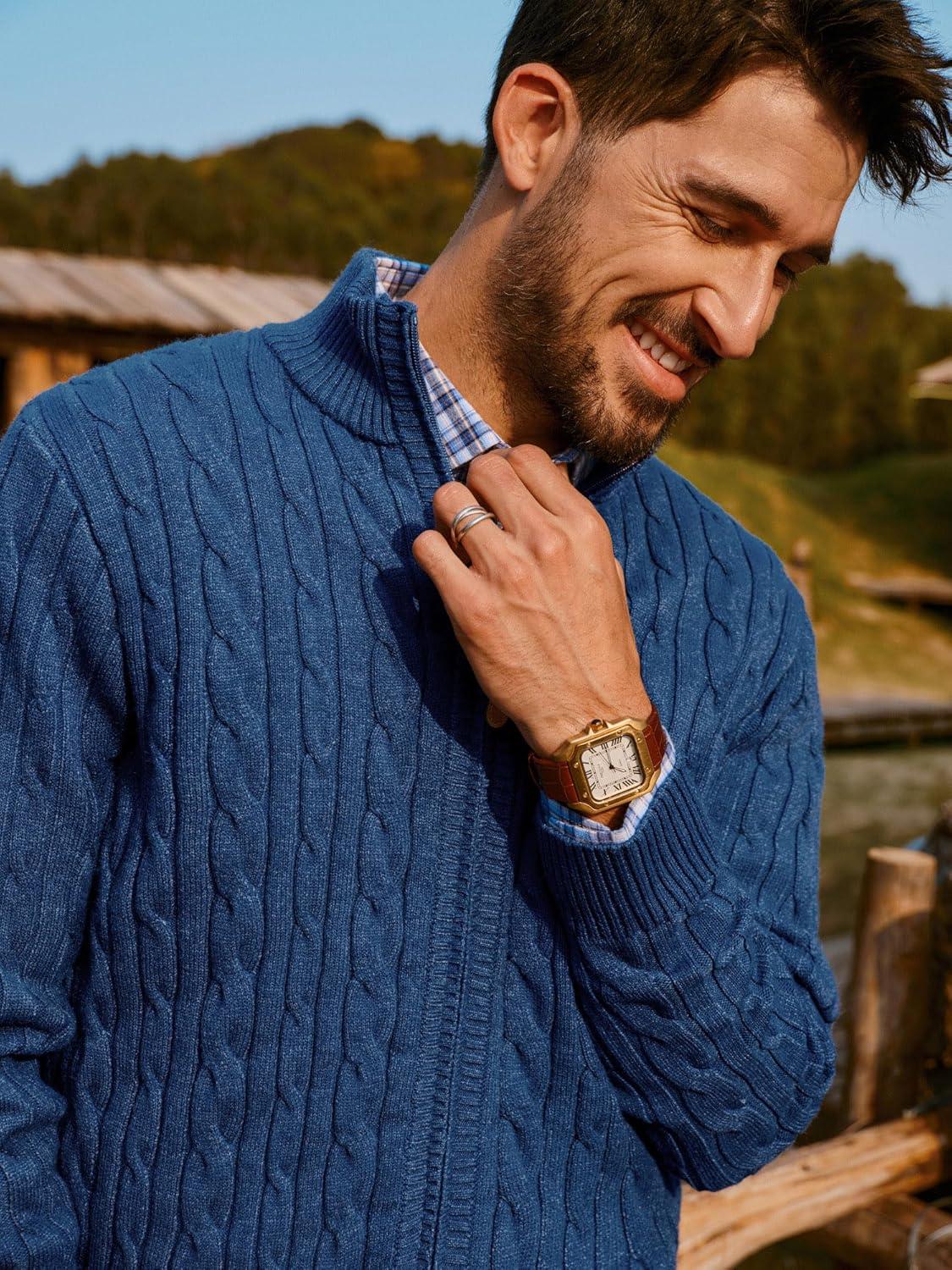 imagePJ PAUL JONES Mens Cardigan Sweater Full Zip Up Stand Collar Cardigans Long Sleeve Knitted SweatersIndigo Blue