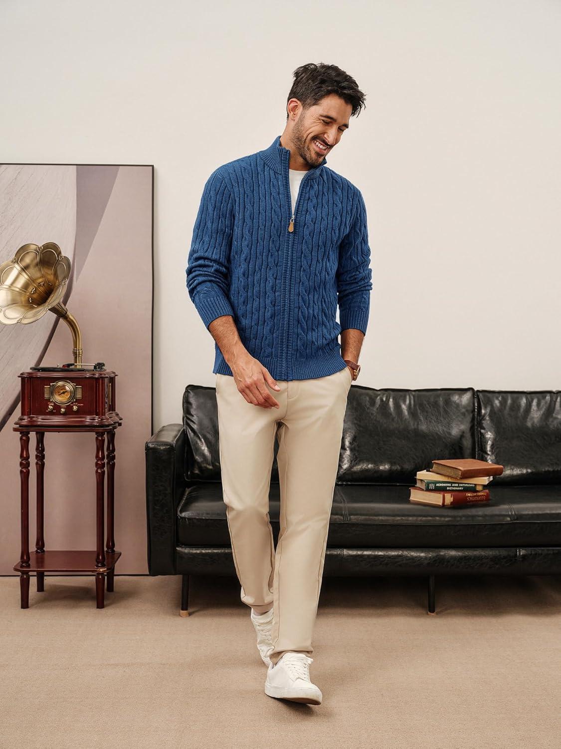 imagePJ PAUL JONES Mens Cardigan Sweater Full Zip Up Stand Collar Cardigans Long Sleeve Knitted SweatersIndigo Blue