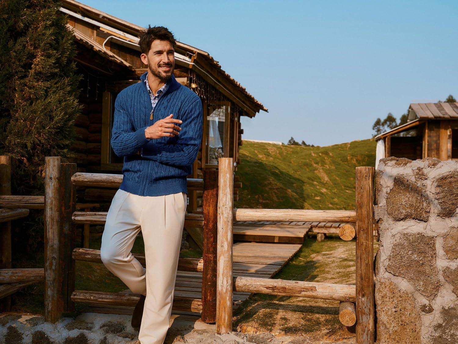 imagePJ PAUL JONES Mens Cardigan Sweater Full Zip Up Stand Collar Cardigans Long Sleeve Knitted SweatersIndigo Blue