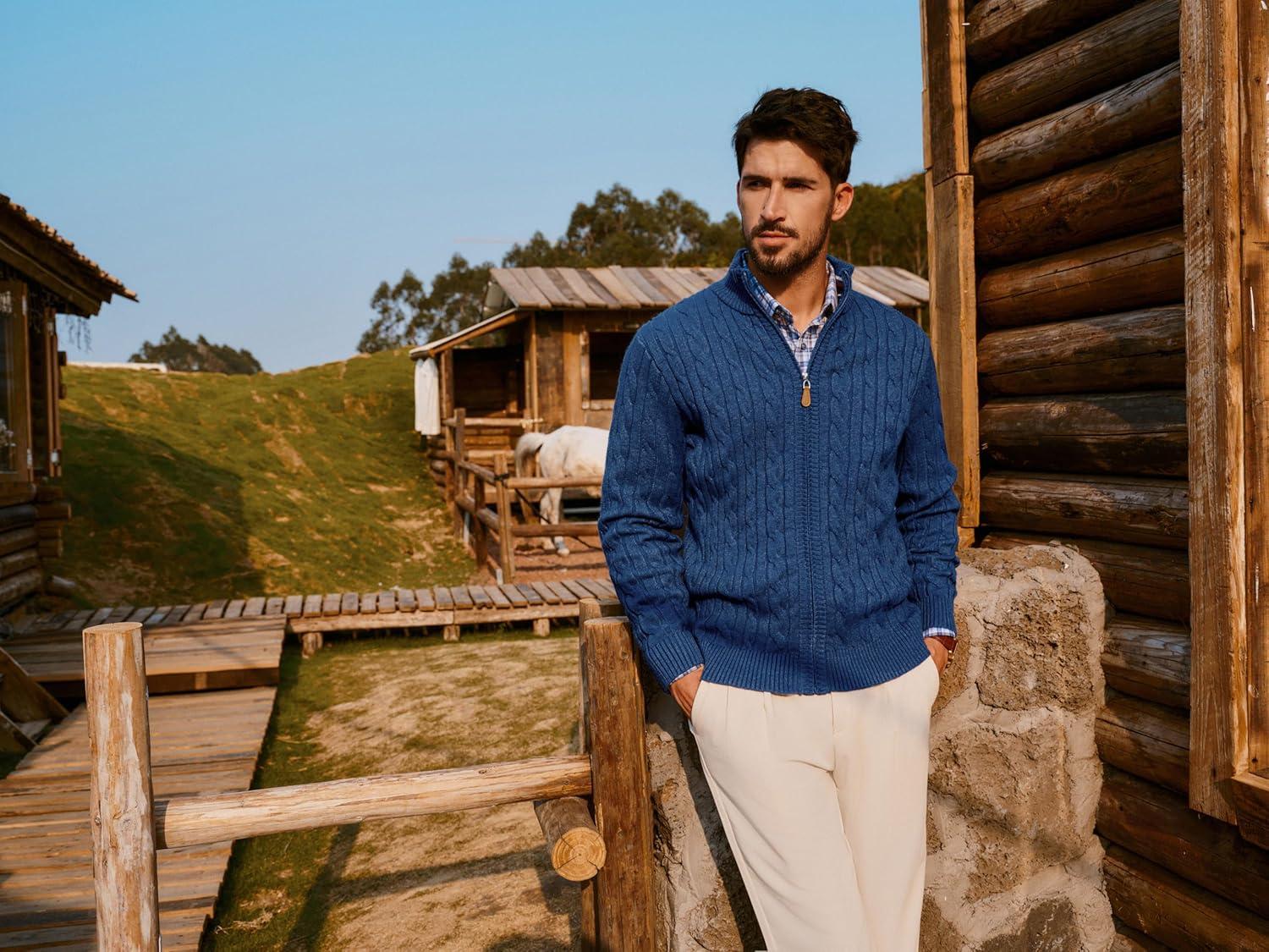 imagePJ PAUL JONES Mens Cardigan Sweater Full Zip Up Stand Collar Cardigans Long Sleeve Knitted SweatersIndigo Blue