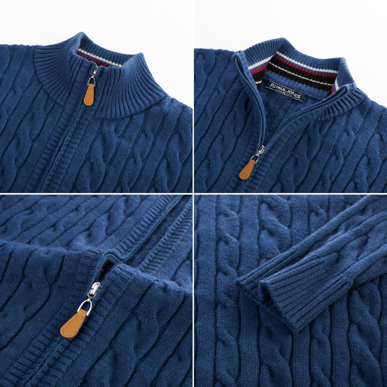 imagePJ PAUL JONES Mens Cardigan Sweater Full Zip Up Stand Collar Cardigans Long Sleeve Knitted SweatersIndigo Blue
