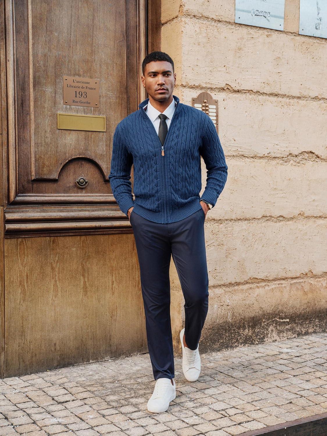 imagePJ PAUL JONES Mens Cardigan Sweater Full Zip Up Stand Collar Cardigans Long Sleeve Knitted SweatersIndigo Blue