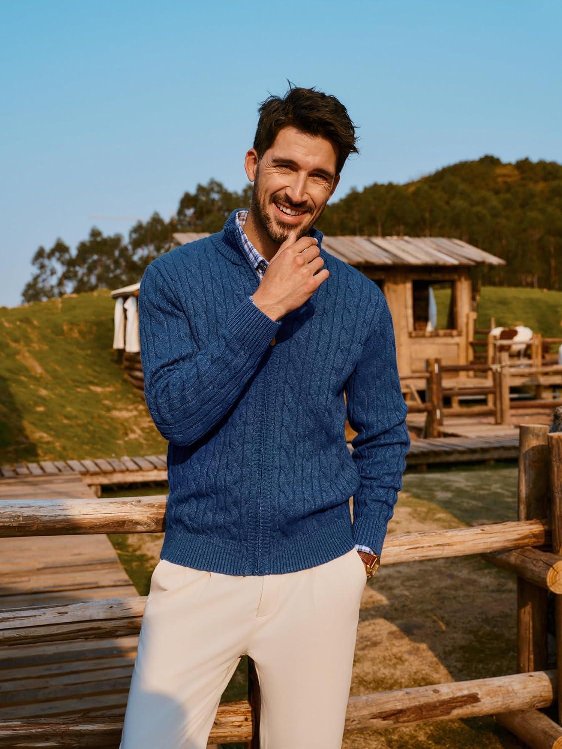 imagePJ PAUL JONES Mens Cardigan Sweater Full Zip Up Stand Collar Cardigans Long Sleeve Knitted SweatersIndigo Blue