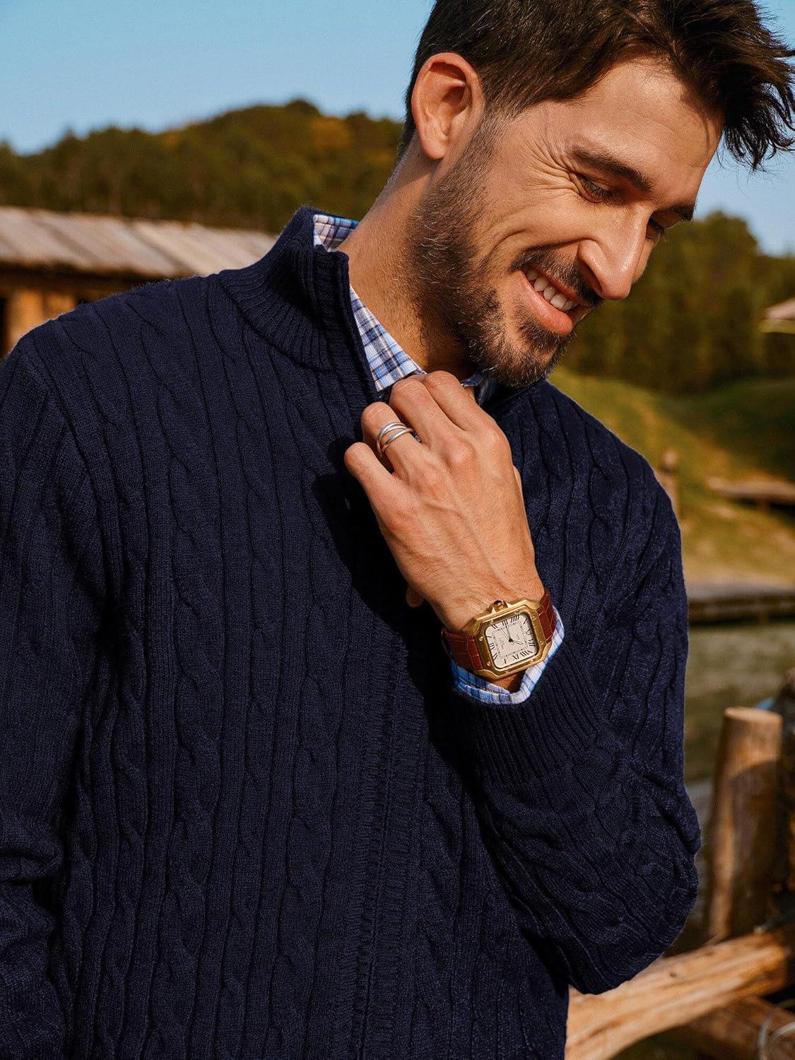 imagePJ PAUL JONES Mens Cardigan Sweater Full Zip Up Stand Collar Cardigans Long Sleeve Knitted SweatersNavy Blue