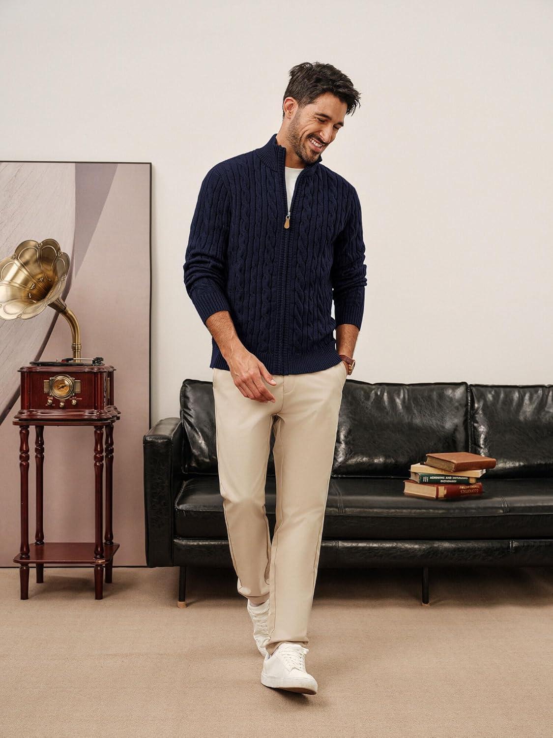 imagePJ PAUL JONES Mens Cardigan Sweater Full Zip Up Stand Collar Cardigans Long Sleeve Knitted SweatersNavy Blue