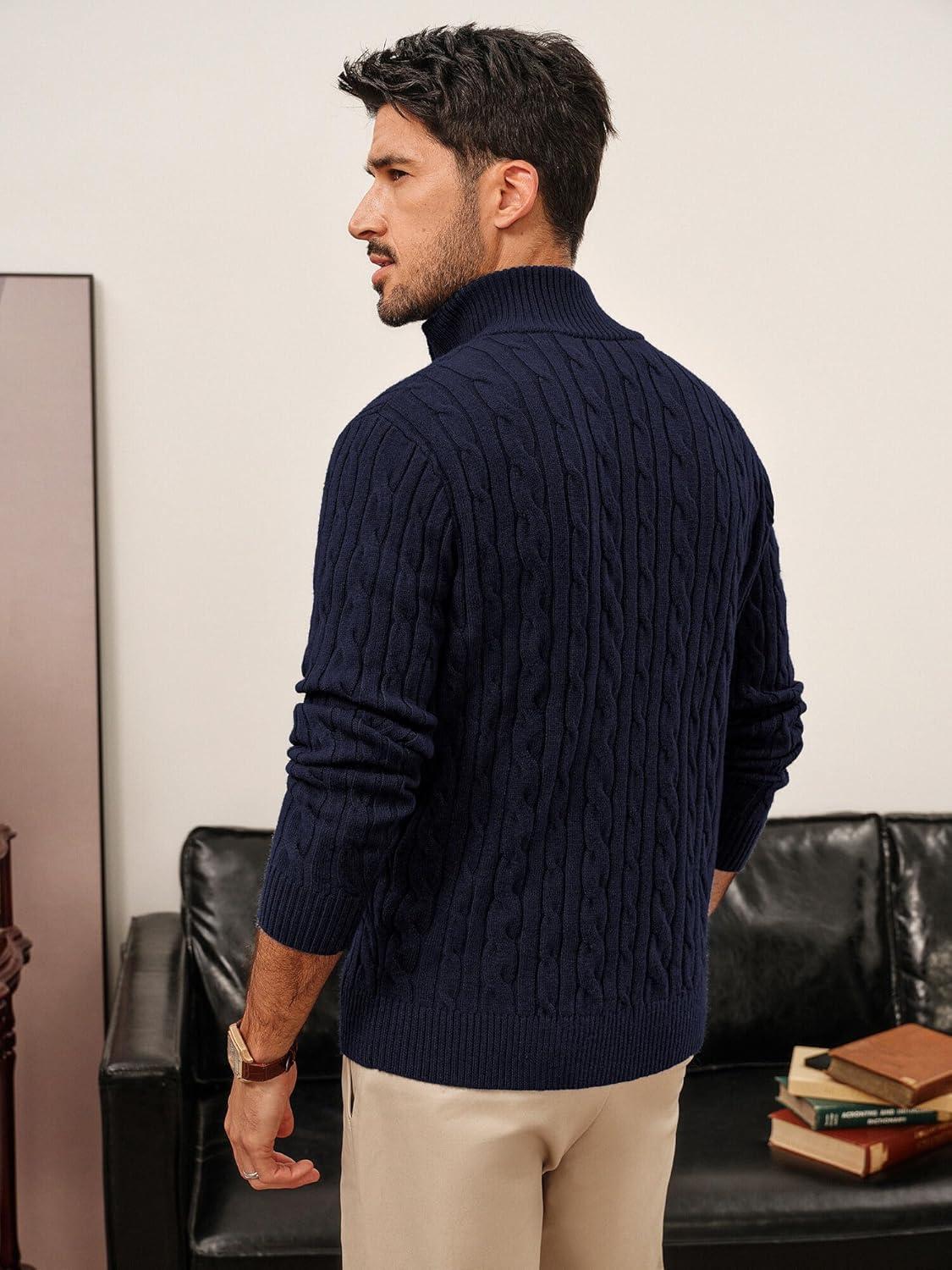 imagePJ PAUL JONES Mens Cardigan Sweater Full Zip Up Stand Collar Cardigans Long Sleeve Knitted SweatersNavy Blue