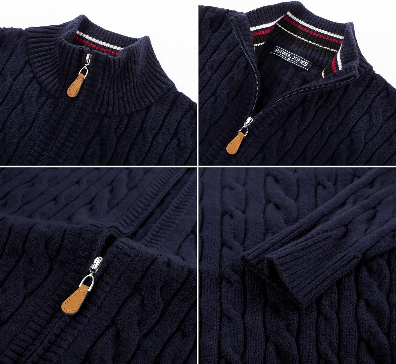 imagePJ PAUL JONES Mens Cardigan Sweater Full Zip Up Stand Collar Cardigans Long Sleeve Knitted SweatersNavy Blue