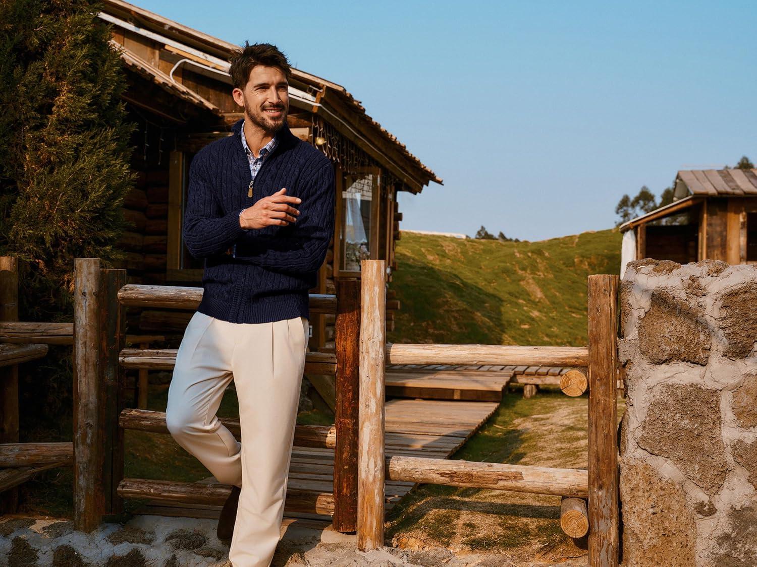 imagePJ PAUL JONES Mens Cardigan Sweater Full Zip Up Stand Collar Cardigans Long Sleeve Knitted SweatersNavy Blue