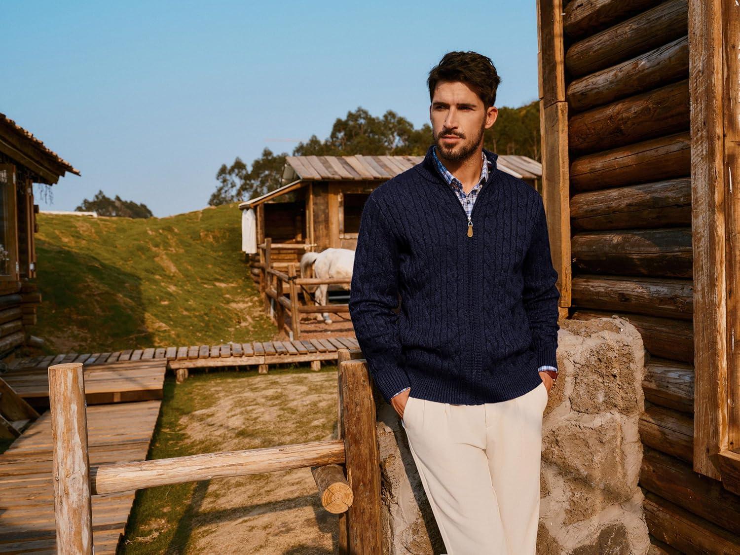 imagePJ PAUL JONES Mens Cardigan Sweater Full Zip Up Stand Collar Cardigans Long Sleeve Knitted SweatersNavy Blue