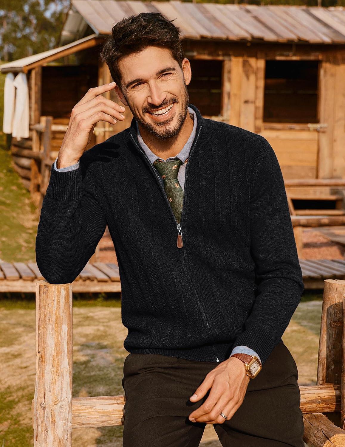 imagePJ PAUL JONES Mens Cardigan Sweater Full Zip Up Sweater Ribbed Knit Stand Collar CardigansBlack