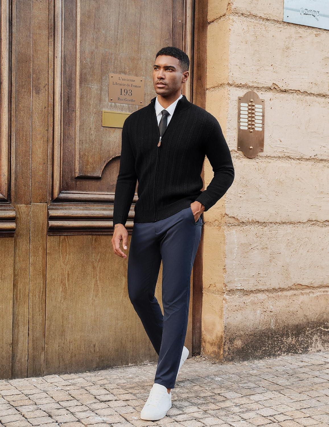 imagePJ PAUL JONES Mens Cardigan Sweater Full Zip Up Sweater Ribbed Knit Stand Collar CardigansBlack