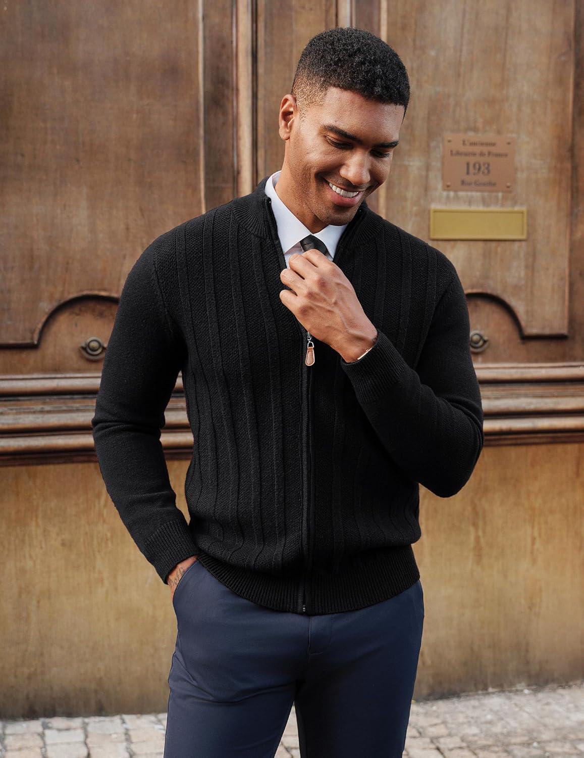 imagePJ PAUL JONES Mens Cardigan Sweater Full Zip Up Sweater Ribbed Knit Stand Collar CardigansBlack