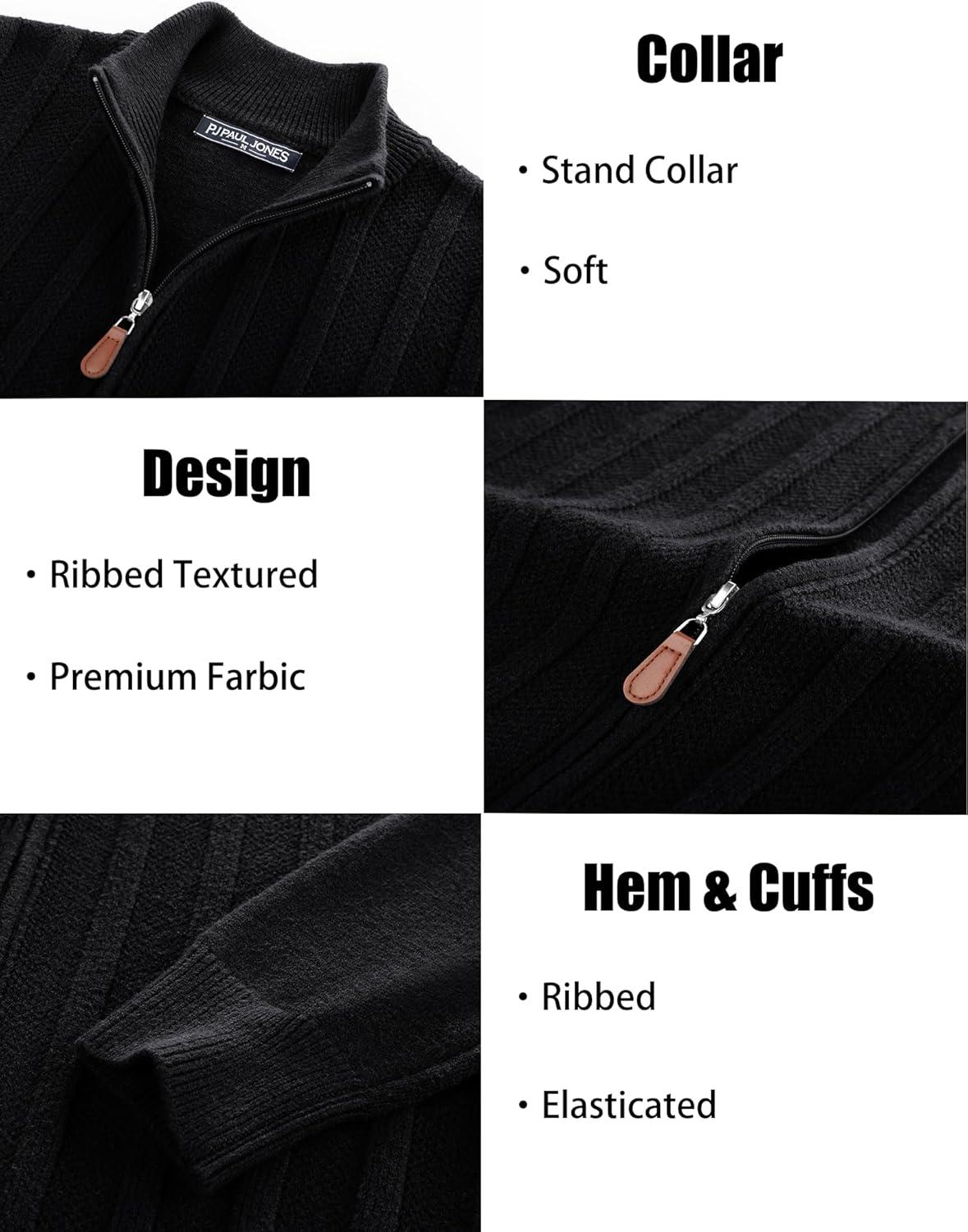 imagePJ PAUL JONES Mens Cardigan Sweater Full Zip Up Sweater Ribbed Knit Stand Collar CardigansBlack