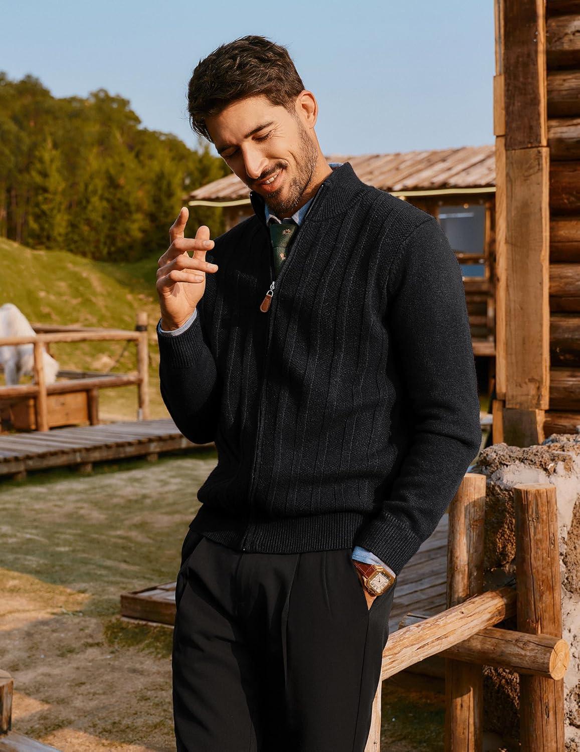 imagePJ PAUL JONES Mens Cardigan Sweater Full Zip Up Sweater Ribbed Knit Stand Collar CardigansBlack